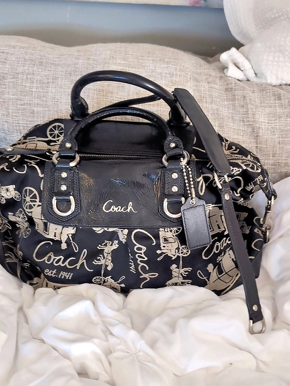 Coach Ashley Horse and Carriage Satchel Black & Silver